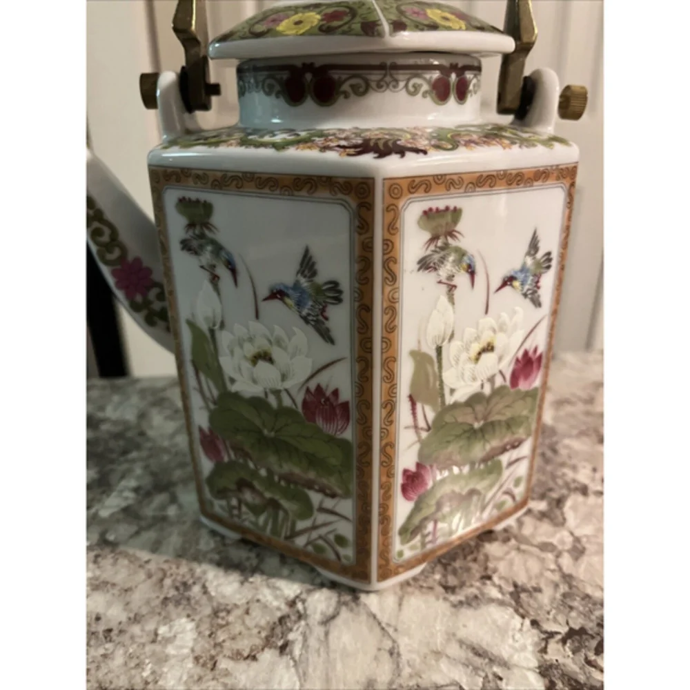 Vintage Japanese‎ Toyo Ming Lotus Hexagon Floral Tea Kettle W/Brass Handle VGUC